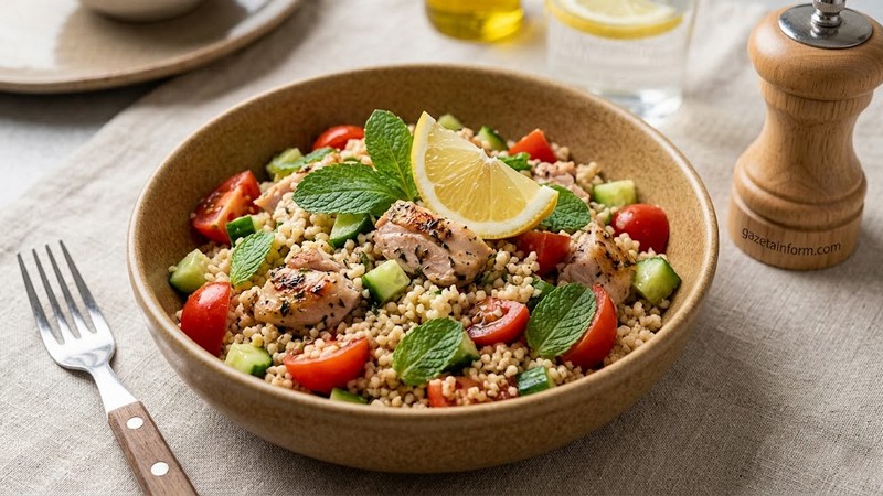 Салат с курицей, кускусом и мятной заправкой: свежесть в каждой тарелке