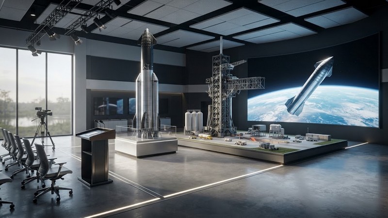 Современный зал пресс-конференций в Луизиане с моделями ракет SpaceX и
