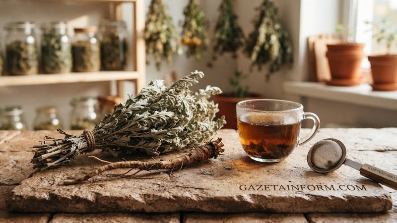 Фитотерапия горечью: почему «невкусные» травы — лучший ключ к пищеварению Пучок сушеной полыни и стеклянная чашка с темным настоем