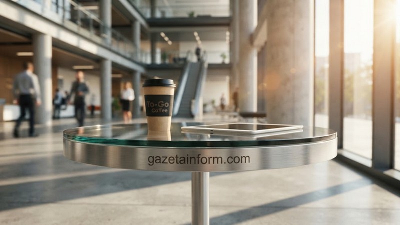 Стакан кофе на стеклянном столике с брендингом gazetainform.com в холл