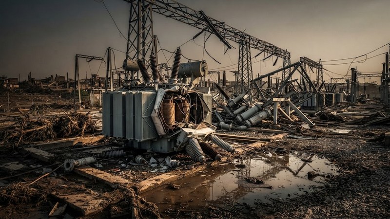 Поврежденное трансформаторное оборудование на электрической подстанции
