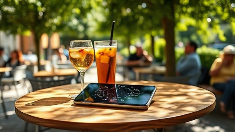 Столик на веранде паркового кафе со смартфоном и напитком в воскресень