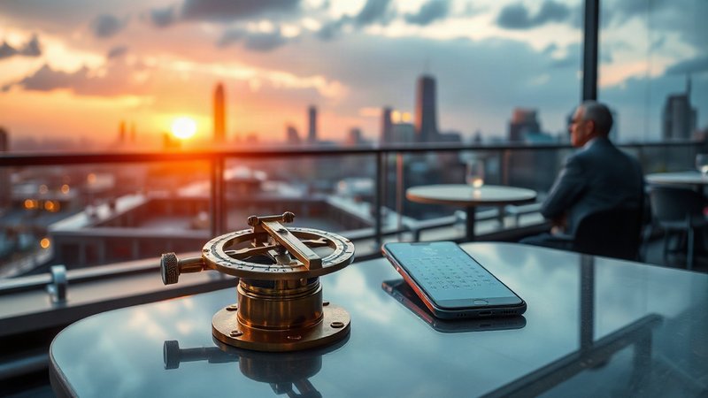 Латунный секстант и смартфон на столике крыши небоскреба 4 Сентября.