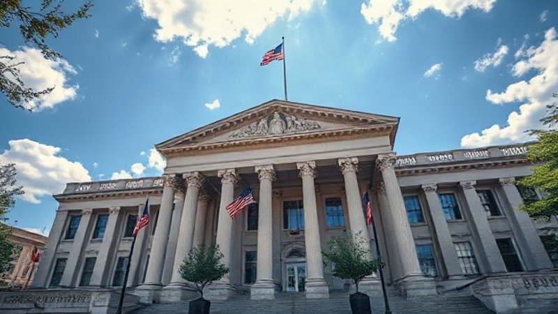 Современный фасад здания Министерства финансов США в Вашингтоне с неок