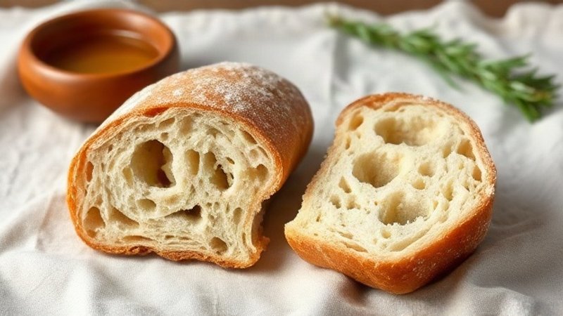 Две хрустящие золотистые чиабатты, присыпанные мукой, одна из которых