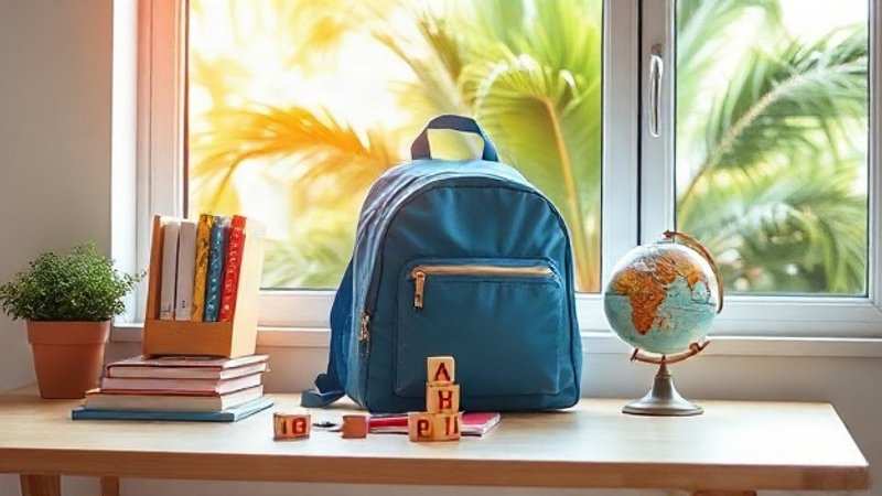 Яркие детские книги, деревянные кубики и школьный рюкзак на столе в св