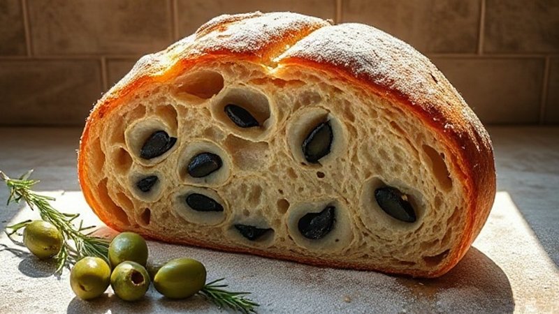 Круглая буханка домашнего хлеба с вкраплениями зеленых оливок и хрустя