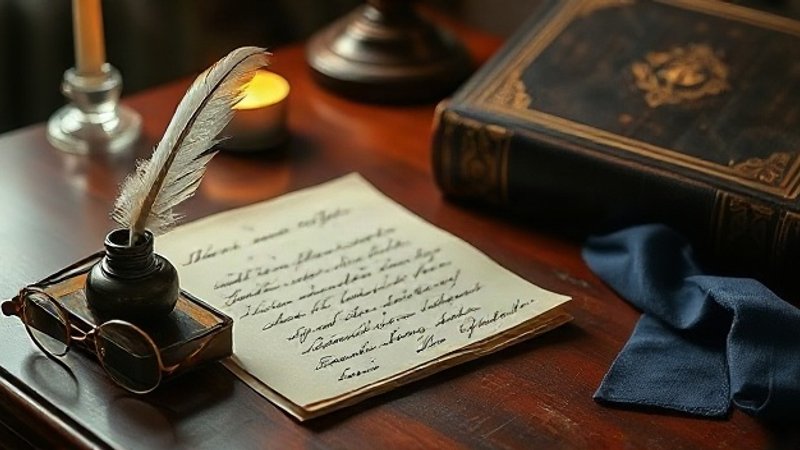 Трактат об элегантной жизни Оноре де Бальзака: как французский классик сформулировал законы социального превосходства через костюм Старинное перо в чернильнице и раскрытый рукописный лист на антикварно