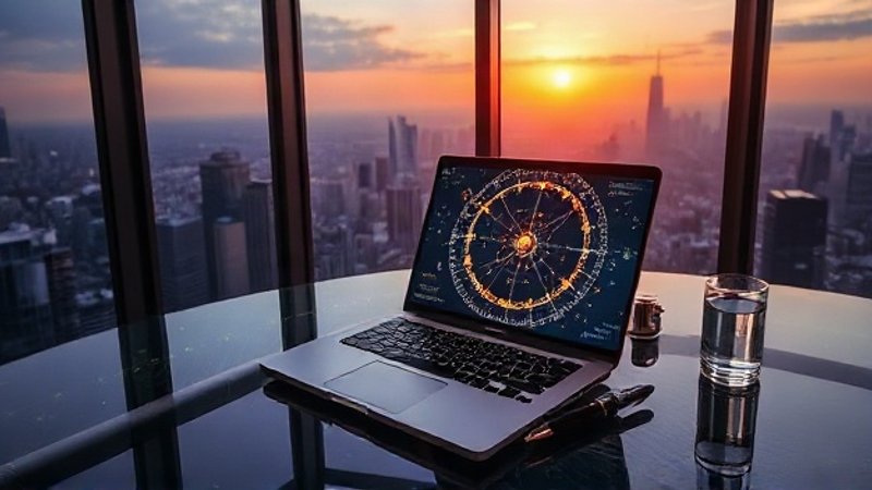 Ноутбук с графикой астрологических транзитов на столе в офисе 2 Сентяб