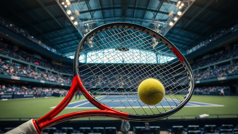 Момент удара теннисного мяча по струнам ракетки на фоне арены US Open