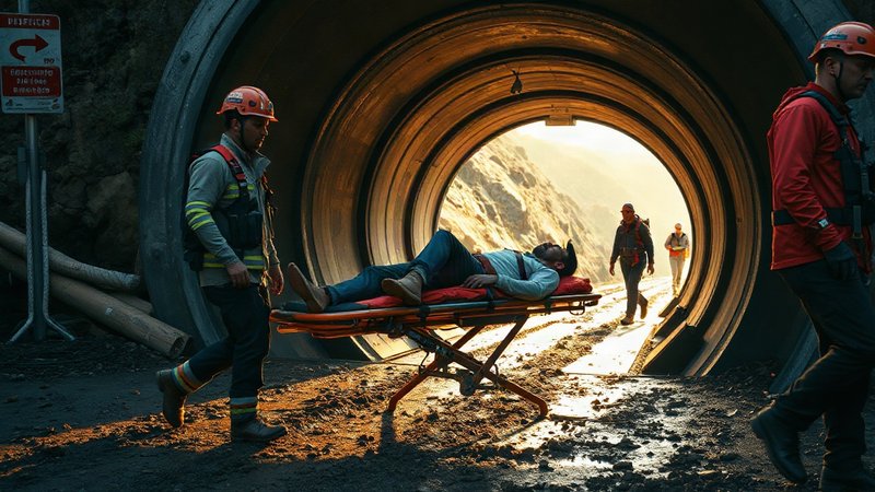 Эвакуация спасенного из затопленного тоннеля рабочего спасателями в Не