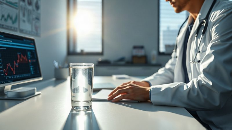 Стакан чистой воды на фоне компьютерных диаграмм сердечного ритма и би