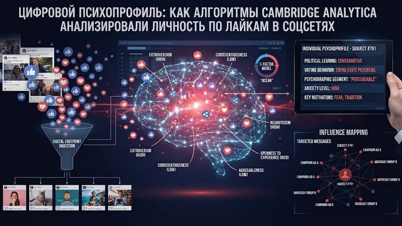 Цифровой психопрофиль: как алгоритмы Cambridge Analytica анализировали личность по лайкам в соцсетях Экран смартфона с открытой социальной сетью и наложенная цифровая сетк