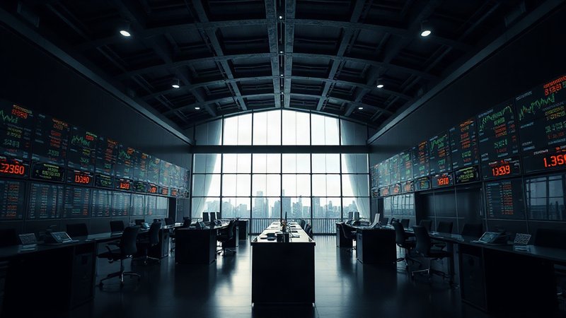 Крах торговых объемов: криптобиржа CoinEx прекращает существование Пустой зал биржевых торгов со спадающими показателями на отключенных э