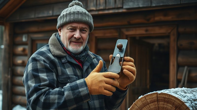 Мастер по дереву обрабатывает бревно на фоне заснеженного лапландского