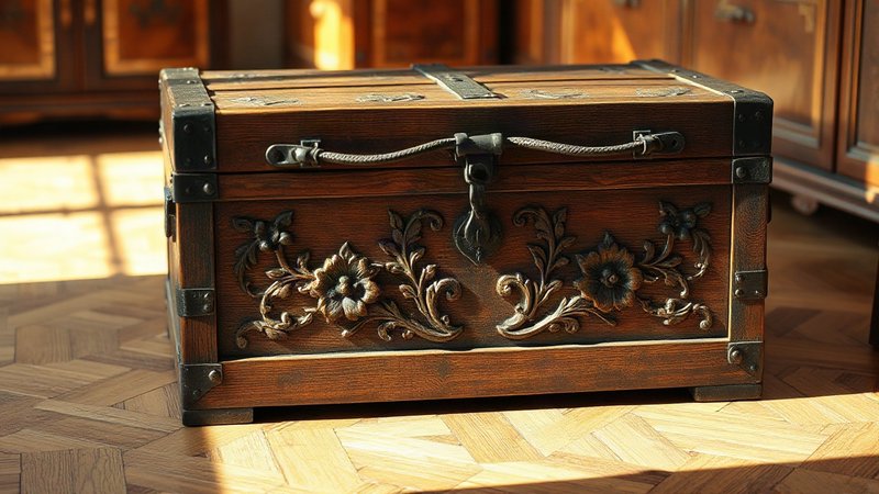Урок резного деревянного сундука: Как сохранить главные ценности жизни Старинный резной деревянный сундук с металлической ковкой стоит в свет