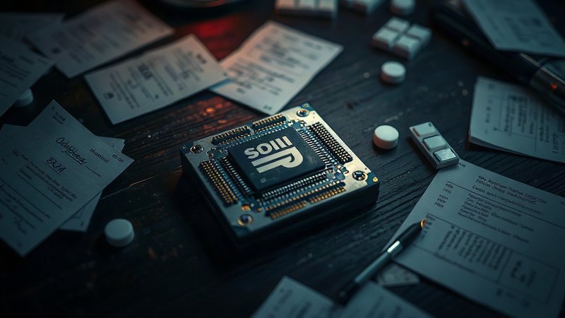Процессор искусственного интеллекта на деревянном столе среди разложен
