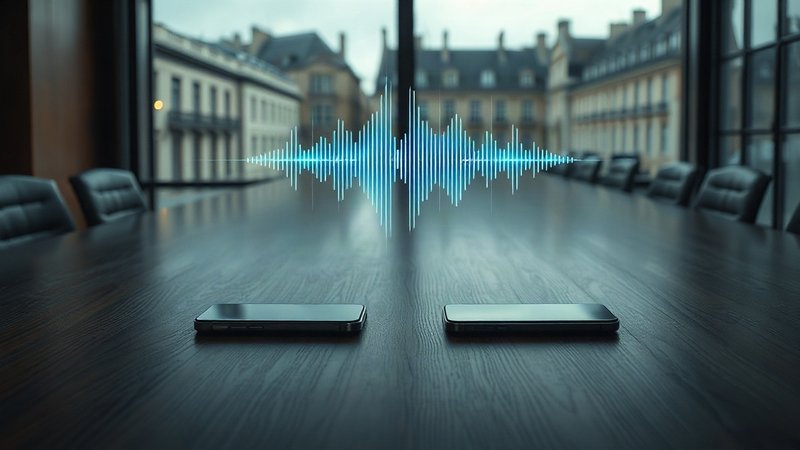 Два премиальных смартфона на полированном столе в конференц-зале с циф