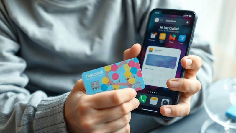 Подросток держит яркую детскую банковскую карту перед экраном смартфон