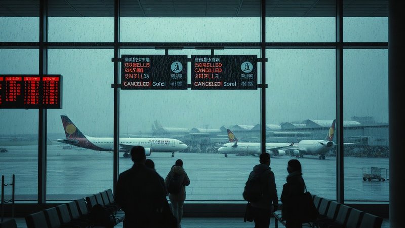 Зал ожидания японского аэропорта с пассажирами у мокрых панорамных око