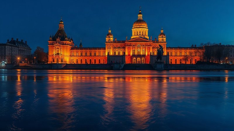 Фасад Михайловского Инженерного замка в Санкт-Петербурге в сумерках.