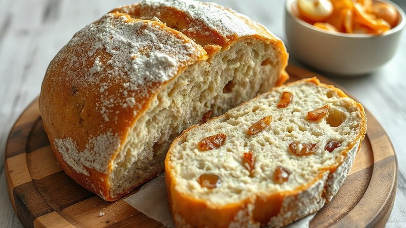 Круглая буханка лукового хлеба без замеса с хрустящей корочкой, разрез