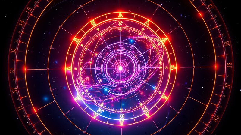 Неоновая армиллярная сфера с мерцающими орбитами на темном фоне