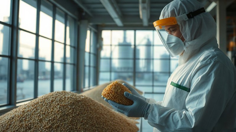Лаборант проводит анализ качества соевого шрота и кукурузы на фоне про