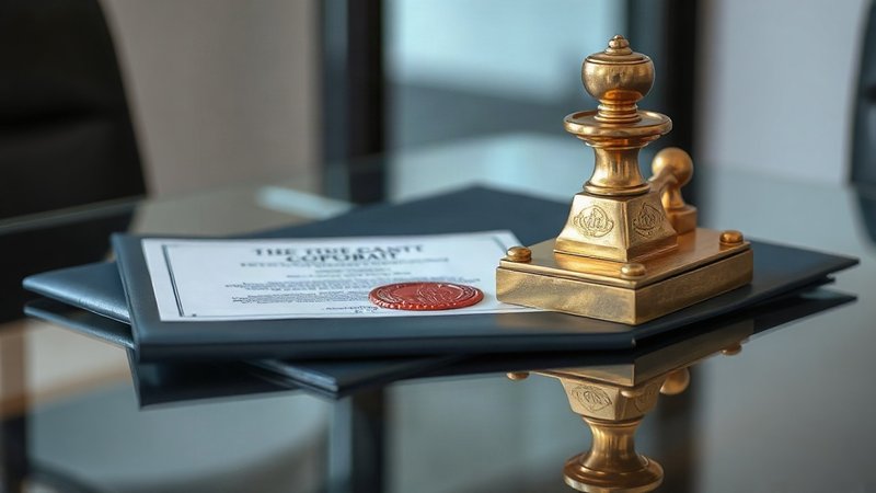 Круглая латунная корпоративная печать компании с тиснением лежит на па