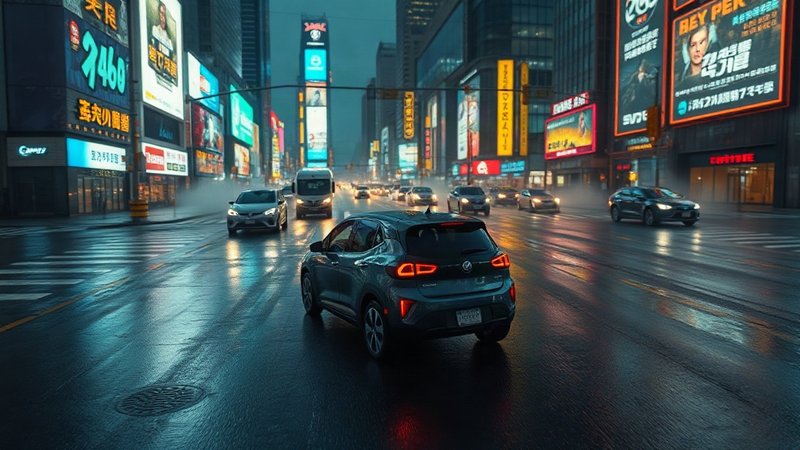 Большая ошибка ценой в миллионы: GM прекращает выпуск обновленного Chevrolet Bolt Темно-синий компактный электромобиль едет через пустынный мокрый перек