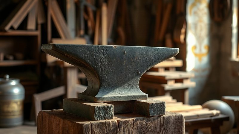 Древняя тяжелая железная наковальня стоит в старинной кузнице