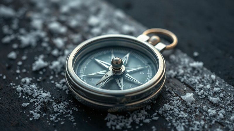 Старинный серебряный карманный компас с синеной стрелкой лежит на снег