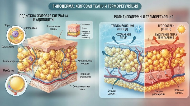 Подкожно-жировая клетчатка и адипоциты: роль гиподермы и терморегуляция Схематическое макроизображение адипоцитов гиподермы с кровеносными сос