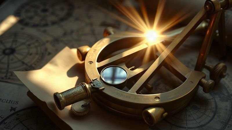 Винтажный латунный секстант на фоне рукописных звездных карт