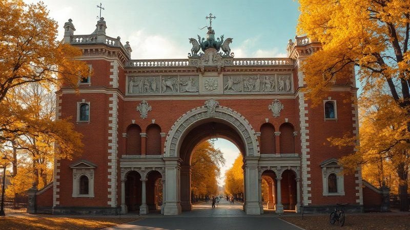 Белокаменные Фигурные ворота усадьбы Царицыно в заходящем солнце.