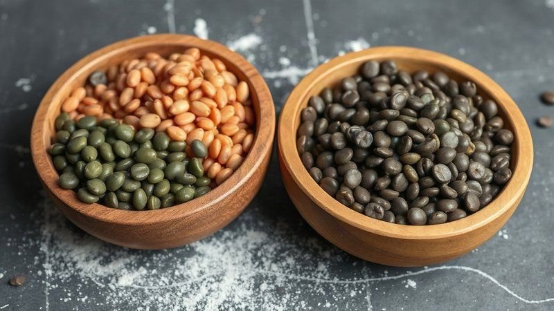 Сравнение сухого зерна красной и зеленой чечевицы в двух деревянных ло