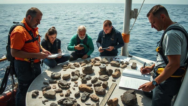 Археологи на палубе исследовательского судна изучают и описывают подня