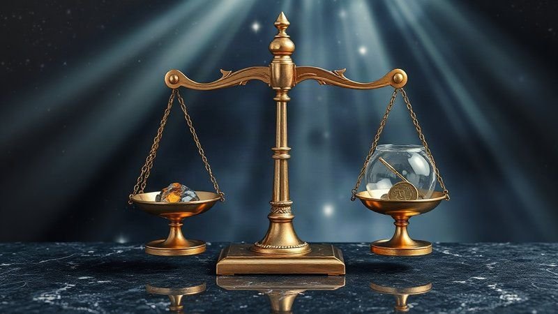 Золотые астрологические весы, взвешивающие кристаллы и звездную пыль