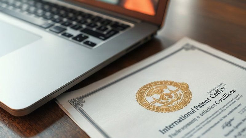 Международный патентный сертификат с золотой печатью на столе рядом с