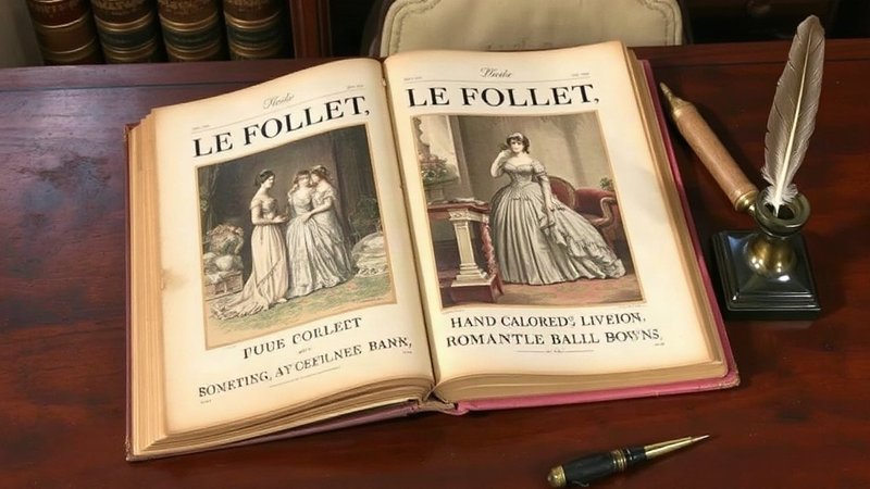 Старинная цветная гравюра из журнала Le Follet 1840-х годов с акварель