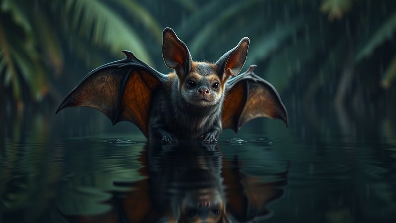 Бахромогубая летучая мышь с крупными ушами выслеживает добычу у водоем