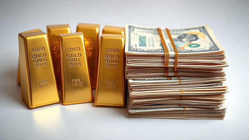 Сравнительная композиция с золотыми слитками с одной стороны и казначе