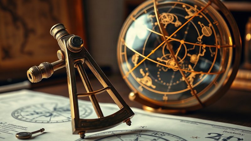 Старинный морской секстант на фоне светящейся небесной сферы