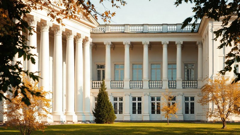 Деревянный фасад дворца Останкино с классической колоннадой.